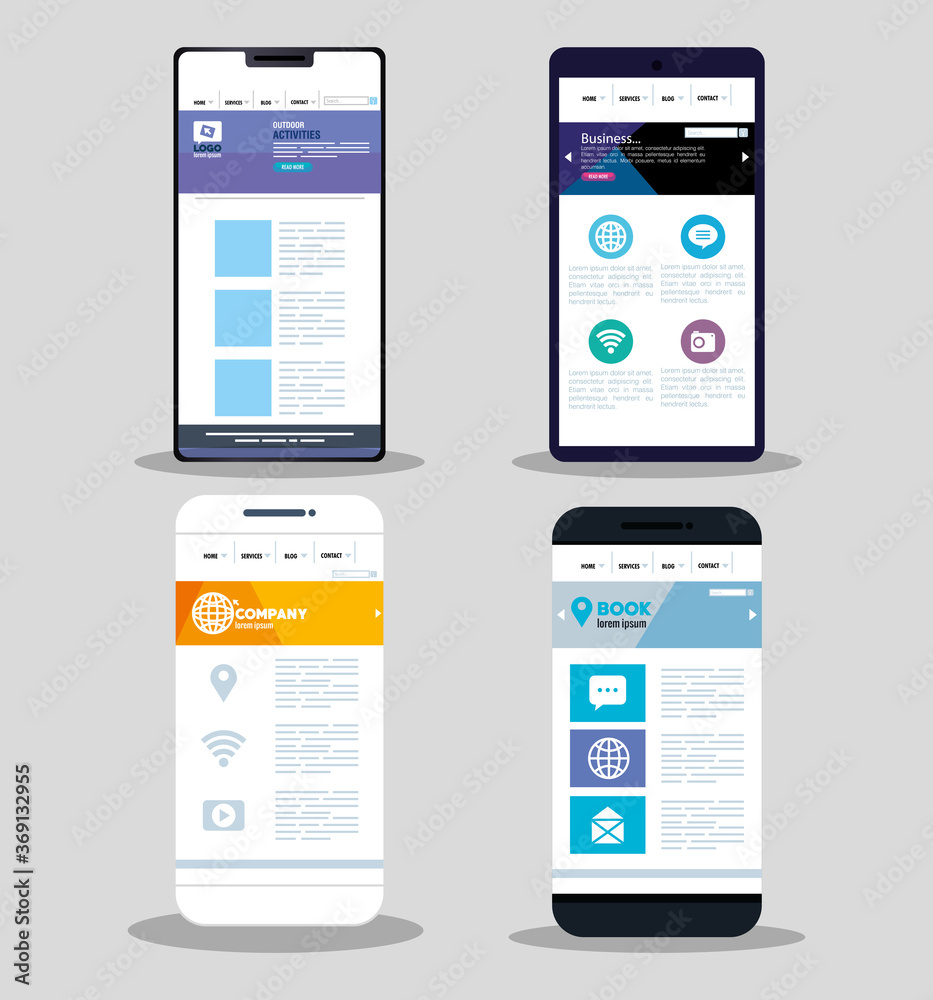 Poster mockup responsive web, concept website development in different smartphones