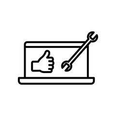 Technical service concept, laptop computer with wrench tool and hand with thumb up, line style