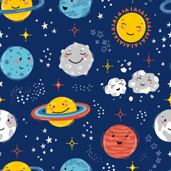 Space Seamless Pattern with Planets Solar System, Sun, Meteorite and Stars. Doodle Cartoon Cute Planet Smiling Face. Space Vector Dark Blue Background for Kids. Nursery Design, Birthday Party
