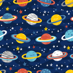 Space Seamless Pattern with Planets and Stars. Doodle Cartoon Cute Saturn Planet. Space Vector Dark Blue Background for Kids  © AllNikArt