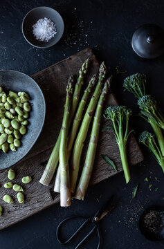 Asparragus, bimi, green beans and herbs