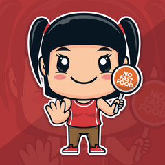 girl holding hand sign of stop fast food and junk food. diet campaign concept for healthy food.