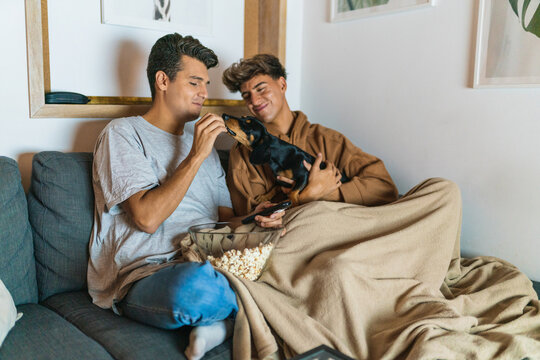 Gay couple watching Tv with dog at home