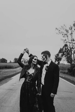A skeleton themed engagement shoot