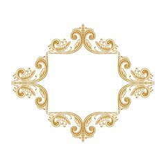 Hand Drawn Vintage damask ornamental elements for design. Baroque frame scroll ornament. Golden Elegant abstract floral pattern border in antique style. Decorative foliage swirl edging.
