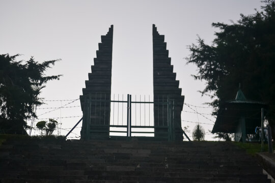 morning view of Cetho temple gate on the slopes of Mount Lawu, Central Java, Indonesia
