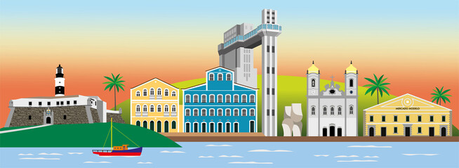 Ilustração dos principais pontos turísticos da cidade de Salvador, na Bahia. - obrazy, fototapety, plakaty