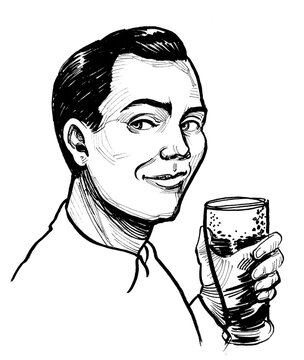 Happy smiling man with a glass of beer. Ink black and white drawing