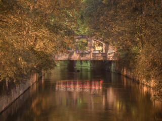 night scene with romantic arched bridge immersed in the thick vegetation of a wood