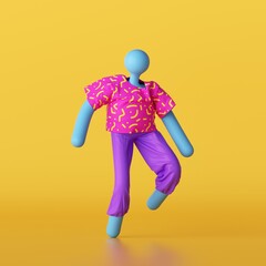 3d render, abstract blue cartoon character wearing colorful summer clothes walks, isolated on yellow background. Funny toy, dancing dummy doll, person without face active pose, modern minimal design