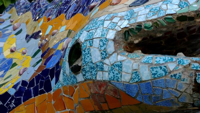 Details with Ceramic tiles in Antoni Gaudi's Park Guell, Barcelona, Spain