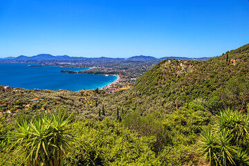 Panoramic view of the Eastern coast of Corfu in the area of Ipsos beach from Spartilas village, Greece