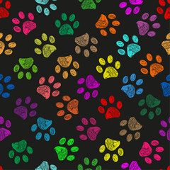 Colorful vibrant colored doodle paw prints. Seamless pattern for textile design. Paw prints background © Gulsen Gunel