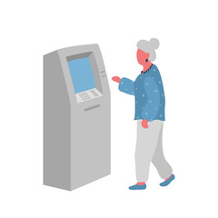 Elderly woman withdraws money from an ATM. Old woman uses terminal. People icon. Vector illustration in flat style.