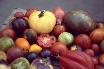 Multicolored tomatoes on a wooden surface top view, selective focus.