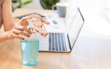 Hands using sanitiser alcohol bottle antibacterial gel rub clean hands, hygiene prevention of virus...