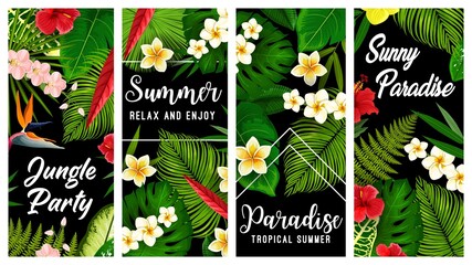 Tropical plants and flowers vector banners, exotic blossoms hibiscus, orchid, strelitzia or plumeria with green palm leaves. Summer tropical vacation plants or flowers, summertime season holiday cards