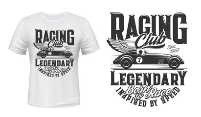 Obraz premium Vintage racing car t-shirt print vector mockup. Driver driving winged roadster, speed sport car on track. Classic vehicles racing club, auto sport enthusiast apparel custom design print mockup