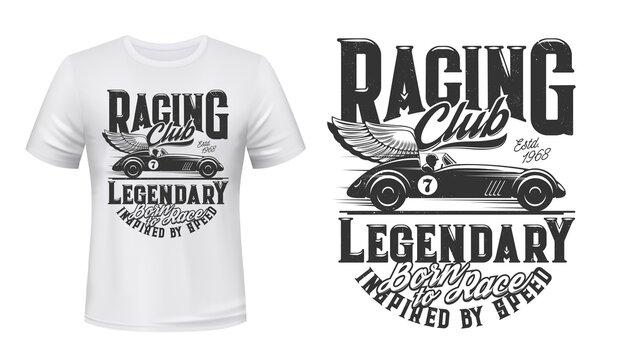 Vintage Racing Car T-shirt Print Vector Mockup. Driver Driving Winged Roadster, Speed Sport Car On Track. Classic Vehicles Racing Club, Auto Sport Enthusiast Apparel Custom Design Print Mockup