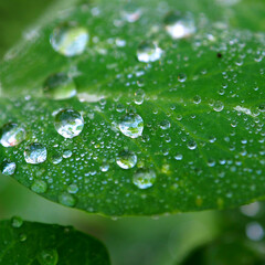 Clear dew on a green leaf. Leaves with raindrops macro.