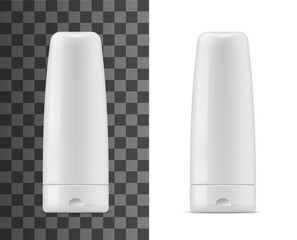 Shampoo or balm bottles isolated vector mockup. White cosmetic container packages, blank tubes for beauty product, hair care packaging template. Shampoo or conditioner realistic bottles 3d mock up