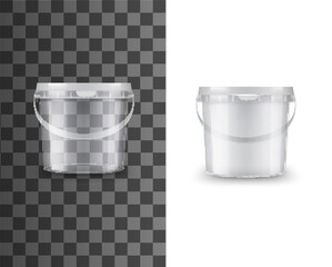 Bucket of plastic, food package container, vector white, blank 3d mockup. Paint bucket or round box pack, transparent tub pot or jar with handle and lid for yogurt, cream, dairy or putty package © Vector Tradition