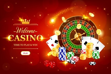 Online casino wheel of fortune vector roulette gambling game. Jackpot big win, casino poker club cash. Golden coins, dice, playing cards and chips. Las Vegas royal gamble games realistic 3d poster