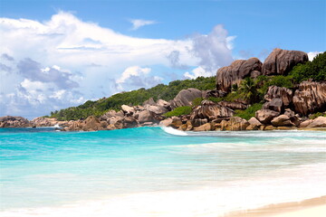 Beautiful paradise beach in Seychelles Island with white sand beach, turquoise blue water, green vegetation and granit rocks,  Seychelles. La Digue, Mahe, Praslin.