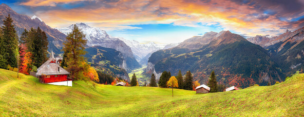 Scenic autumn view of picturesque alpine Wengen village and Lauterbrunnen Valley © pilat666