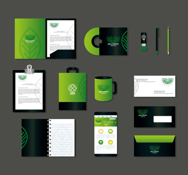 Corporate Identity Brand Mockup, Smartphone And Business Icons Green Mockup, Green Company Sign