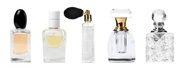 Set with different bottles of perfume on white background, banner design