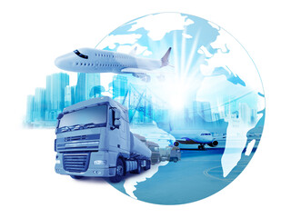 Logistics concept. Multiple exposure of different transports and world globe, toned in blue