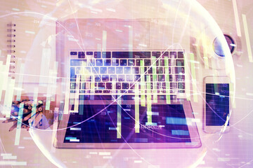 Business theme hologram drawings over computer on the desktop background. Top view. Multi exposure. Concept of international connections.