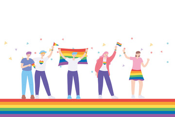 Fototapeta premium LGBTQ community, celebrating group young people with heart flag clothes with rainbow, gay parade sexual discrimination protest