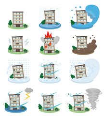 災害に遭い崩壊するマンションのベクターイラストセット © ICIM