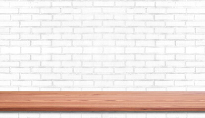 Empty wood plank shelf at white brick wall pattern background. Design for product display, mockup, advertise, banner, or montage