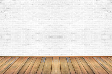 Empty living room with wooden floor and white painted brick wall background. For design interior.