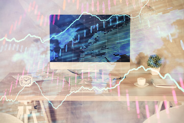 Multi exposure of financial graph drawing and office interior background. Concept of market analysis.