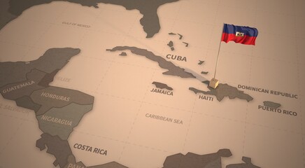 Flag on the map of haiti.
Vintage Map and Flag of Central America, Caribbean Countries Series 3D Rendering