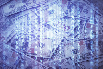 Double exposure of data theme drawing over us dollars bill background. Technology concept.