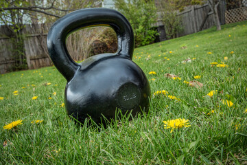 Fototapeta na wymiar iron kettlebell on green grass in a backyard, dutch angle shot - outdoor fitness concept