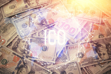 Multi exposure of crypto theme drawing over us dollars bill background. Concept of blockchain success.