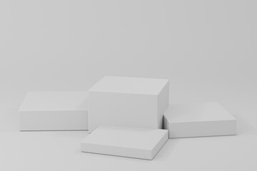 3d rendered illustration with geometric shapes. white four steps cube podium platforms for cosmetic product presentation. Abstract composition in modern style. mock up minimal design with empty space