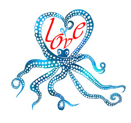 Octopus multicolored. Octopus graphic. Love. Happy Valentine's Day. The octopus makes a heart out of its tentacles . Vector illustration