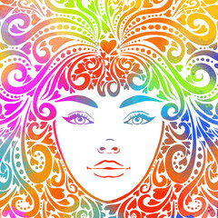 The stylized face of a beautiful girl full-face. T-shirt printing. Mixed media. Vector illustration