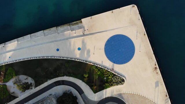 Zadar, Croatia, Europe: Drone footage of Monument to the sun or Greeting to the sun (Pozdrav suncu), and the Sea Organ (Morske orgulje), June 30th 2020