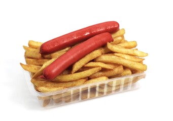 SAUSAGES AND FRENCH FRIES AGAINST WHITE BACKGROUND