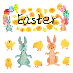 ウサギとイースターエッグとヒヨコ(文字入り)