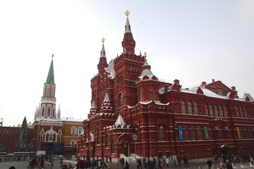 Moscow red Kremlin with snow in winter, Russia.