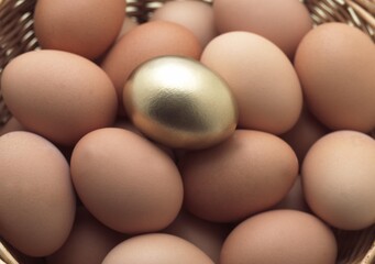 EGGS IN BASKET WITH A GOLDEN ONE, SYMBOLIC IMAGE FOR THE HEN AND THE GOLDEN EGG